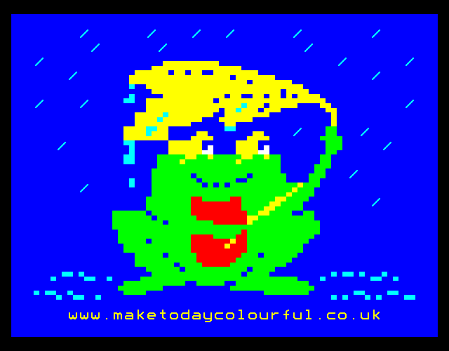 Teletext art of green frog in rain using leaf as umbrella on blue background