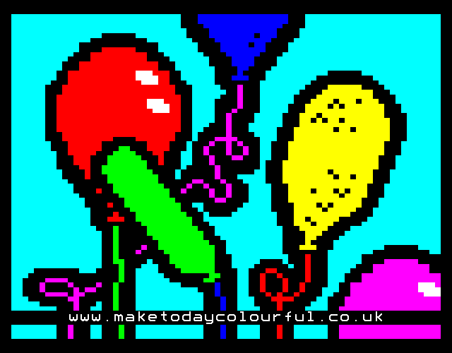 Teletext art of colourful balloons with one deflating on a cyan background