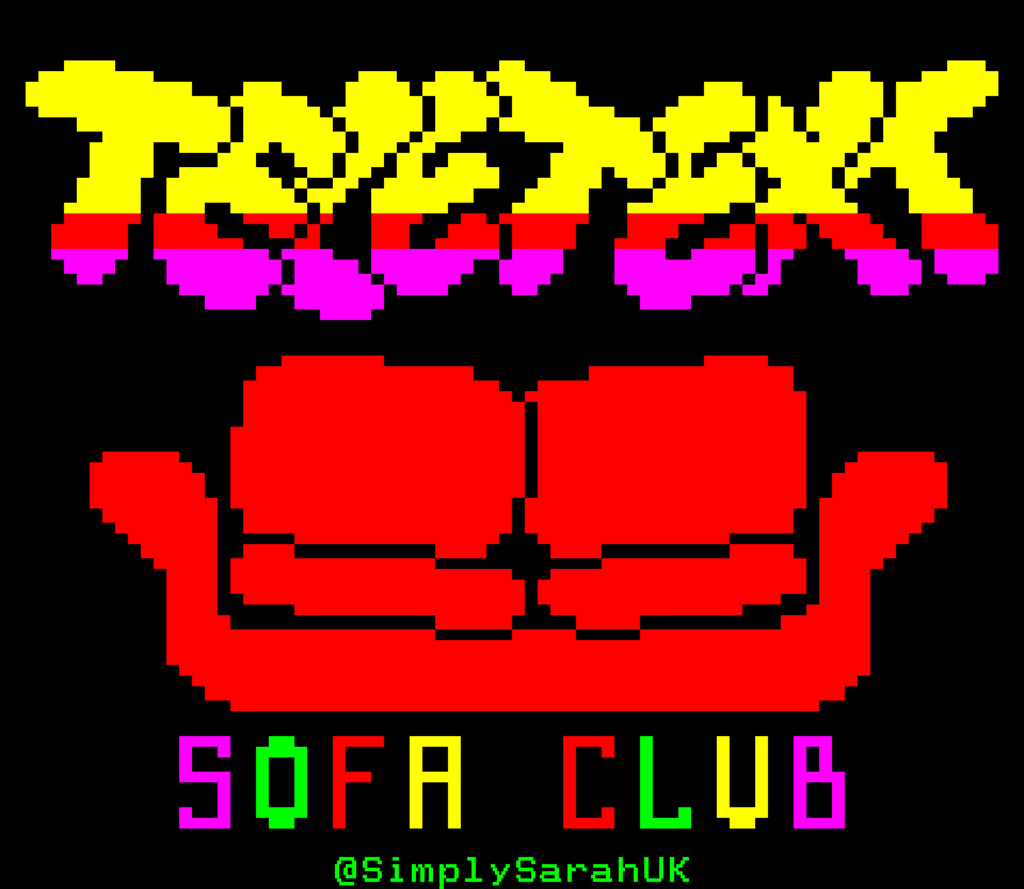 A slightly saggy but inviting red sofa. Above it the word "teletext" in bubbly lettering. Below are the words "sofa club" in a blocky retro computer style in multiple colours.