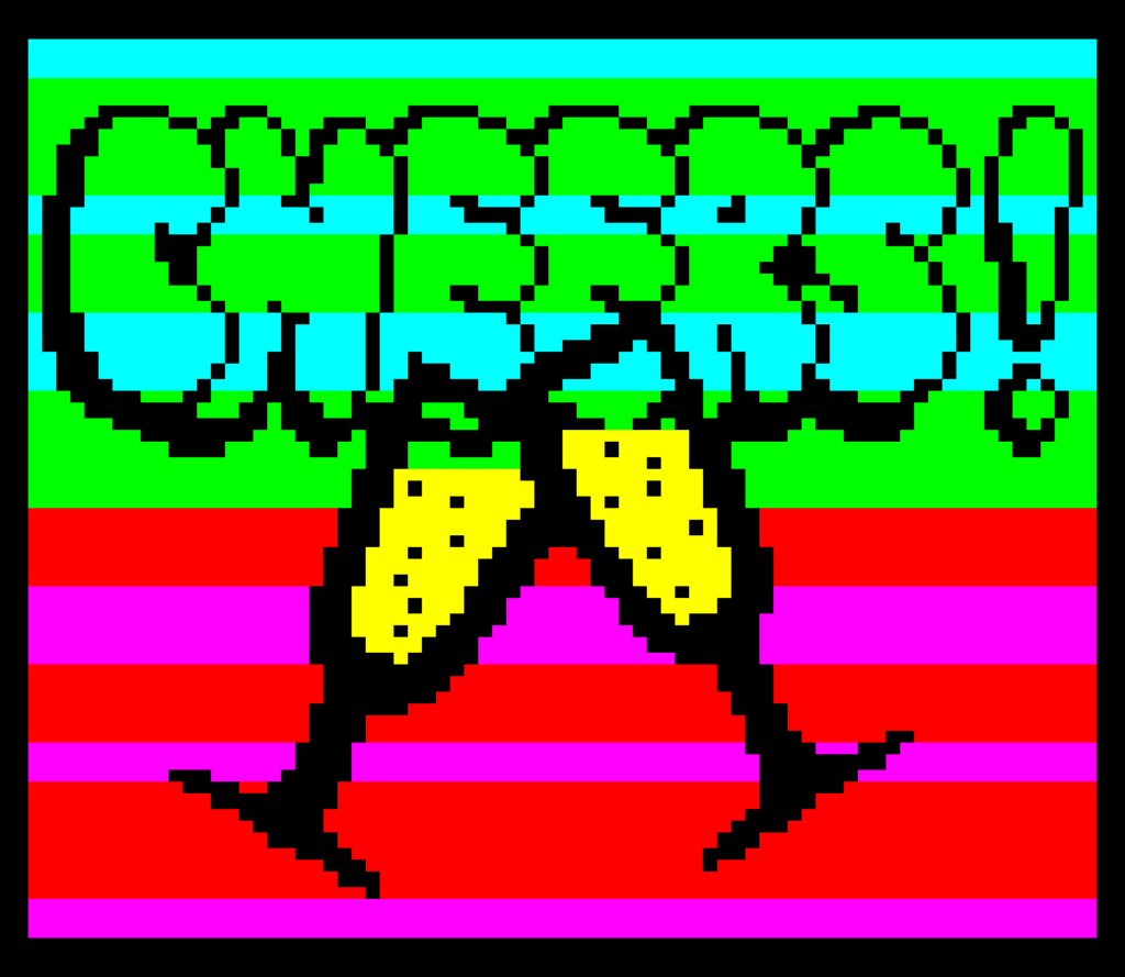 Teletext art of two drinks glasses being tapped together with the text 'cheers!' in large bubble writing to a background of red, magenta, green and cyan coloured stripes.