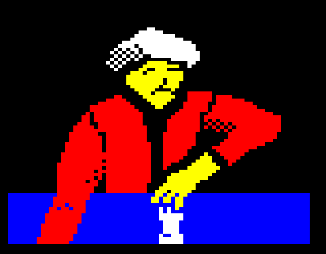 Teletext animation of the fake automaton. Dressed in a red jacket and white headgear, the dummy picks up and moves a chess piece. As he does so a smile crosses his formerly sullen face.