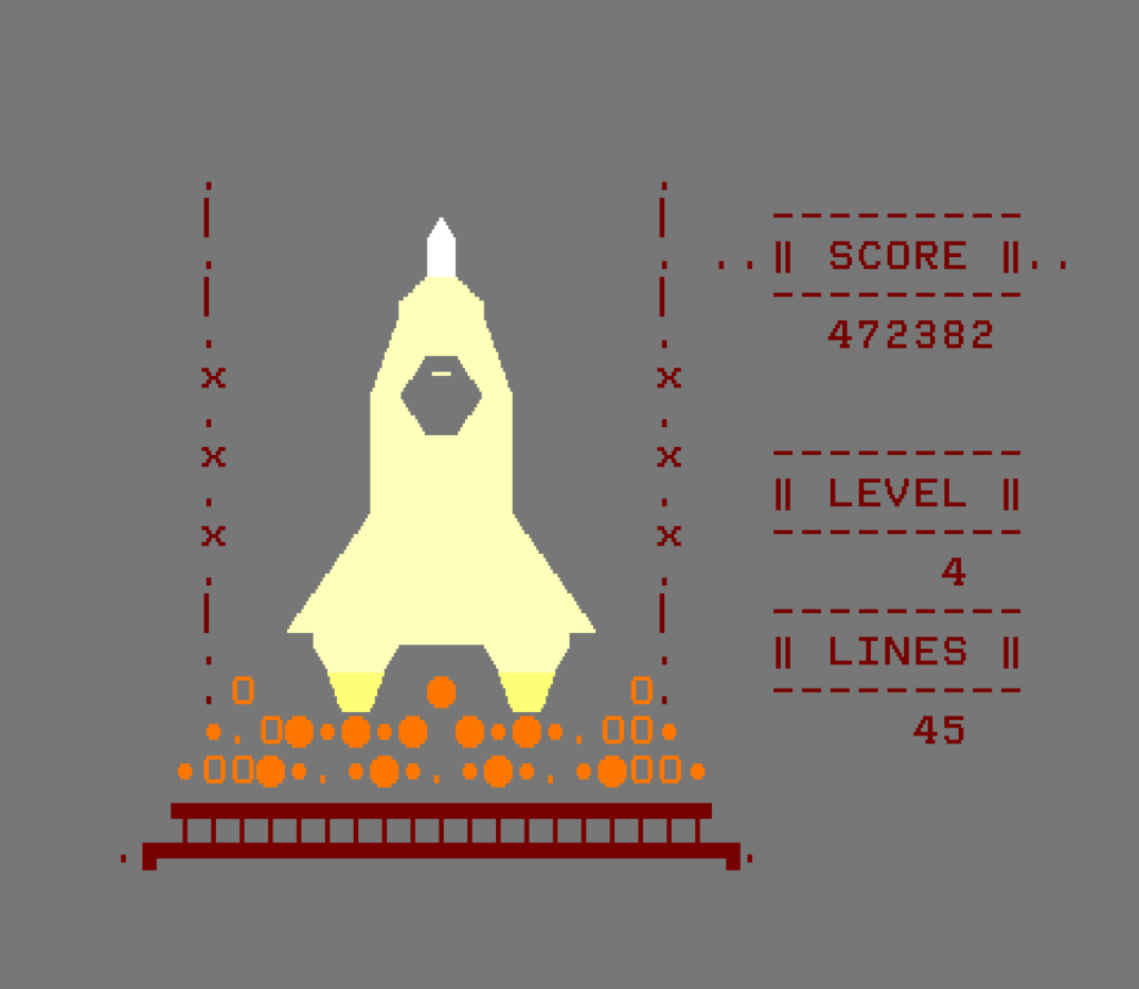 Level 2.5 teletext image of the spaceship from Tetris rendered partially in graphics mode with zeroes representing the smoke, and a rocket ship made up of level 2.5 shapes.
