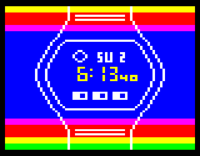 Teletext art of a digital watch. The time reads six thirteen and forty seconds. That just happened to be the time I started this piece. The background is blue with stripes of green, yellow, red, and magenta at the top and bottom.